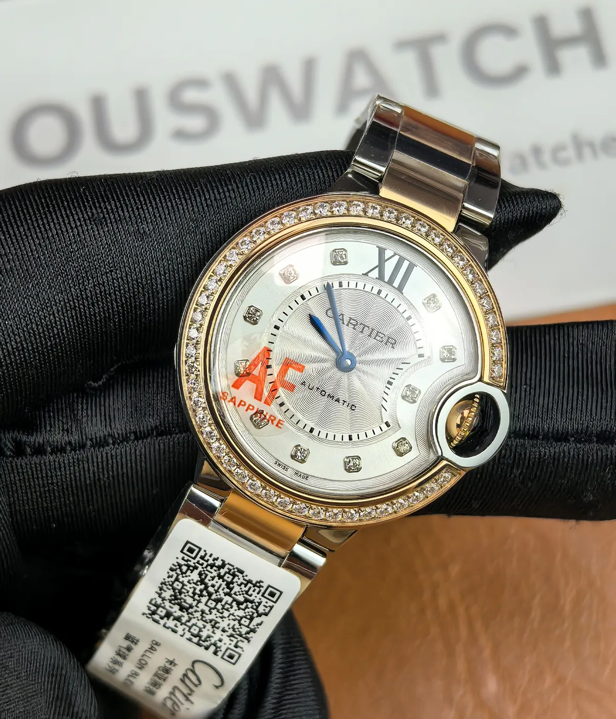 45-degree angle view of the Cartier Ballon Bleu De Two Tone Rose Gold and Steel 36MM Diamond Set watch.