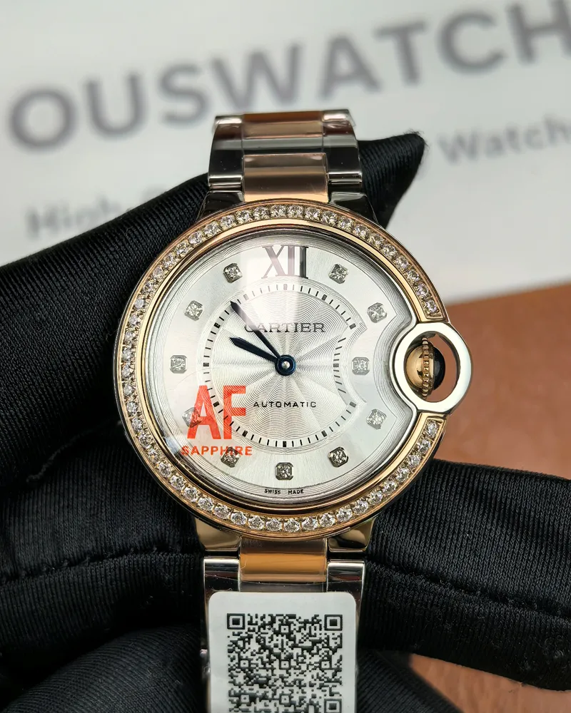 Front view of the Cartier Ballon Bleu De Two Tone Rose Gold and Steel 36MM Diamond Set watch.