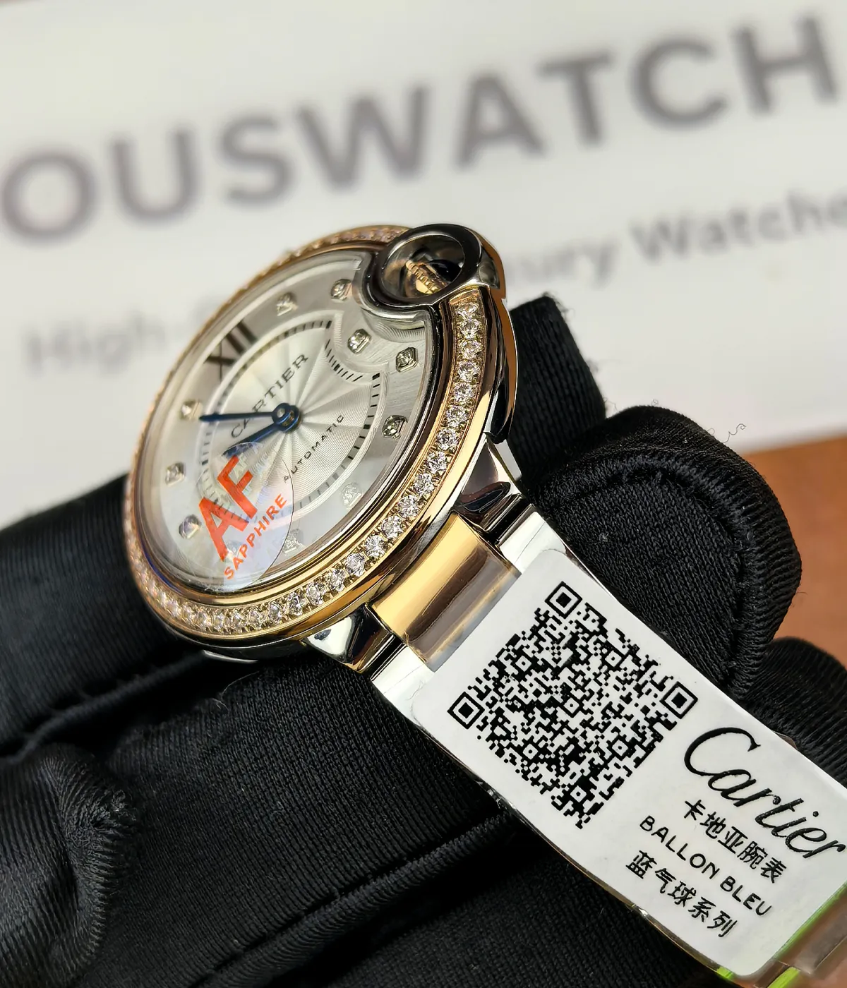 Close-up of the lugs on the Cartier Ballon Bleu De Two Tone Rose Gold and Steel 36MM Diamond Set watch.