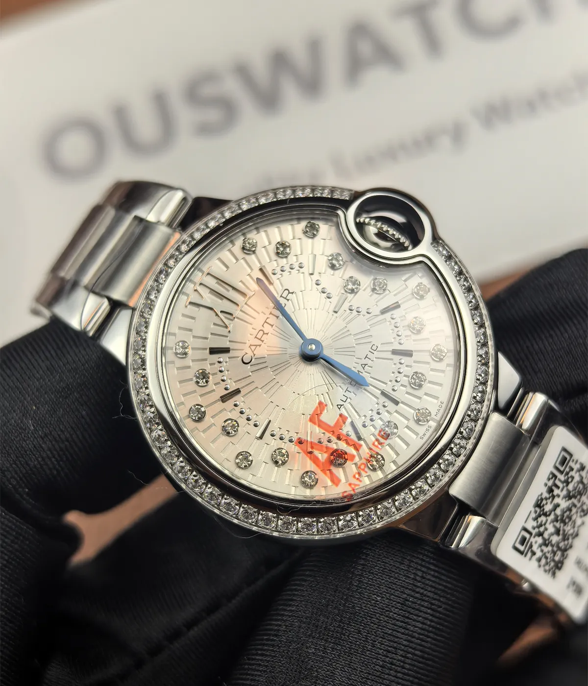 -45-degree angle view of the Cartier Ballon Bleu de White Dial with diamond accents women's watch.