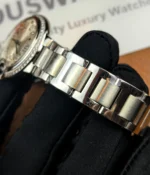 View of the bracelet on the Cartier Ballon Bleu de White Dial with diamond accents women's watch.
