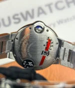 View of the caseback of the Cartier Ballon Bleu de White Dial with diamond accents women's watch.