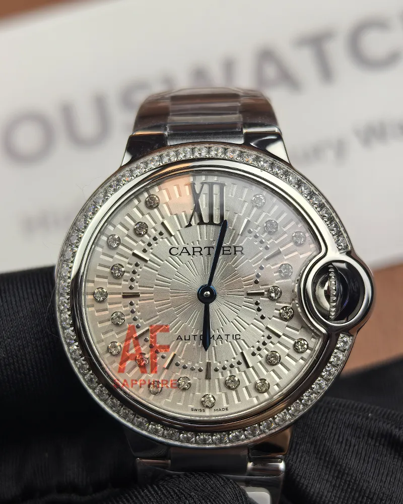 Front view of the Cartier Ballon Bleu de White Dial with diamond accents women's watch.