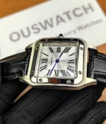 180-degree angle view of the Cartier WSSA0023 Santos Dumont Small Sapphire Crocodile Leather Watch Strap.