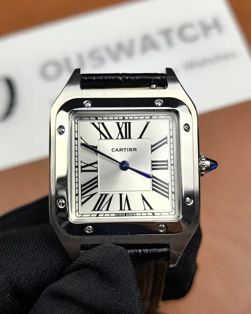 Front view of the Cartier WSSA0023 Santos Dumont Small Sapphire Crocodile Leather Watch Strap.