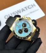 -45-degree angle view of the Golden Rolex Daytona 126518LN-0014 with a blue dial, gold dial, and Oysterflex bracelet.