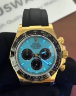 Front view of the Golden Rolex Daytona 126518LN-0014 with a blue dial, gold dial, and Oysterflex bracelet.
