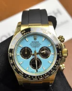 Front view of the Golden Rolex Daytona 126518LN-0014 with a blue dial, gold dial, and Oysterflex bracelet.