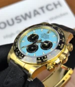 Close-up of the lugs on the Golden Rolex Daytona 126518LN-0014 with a blue and gold dial.