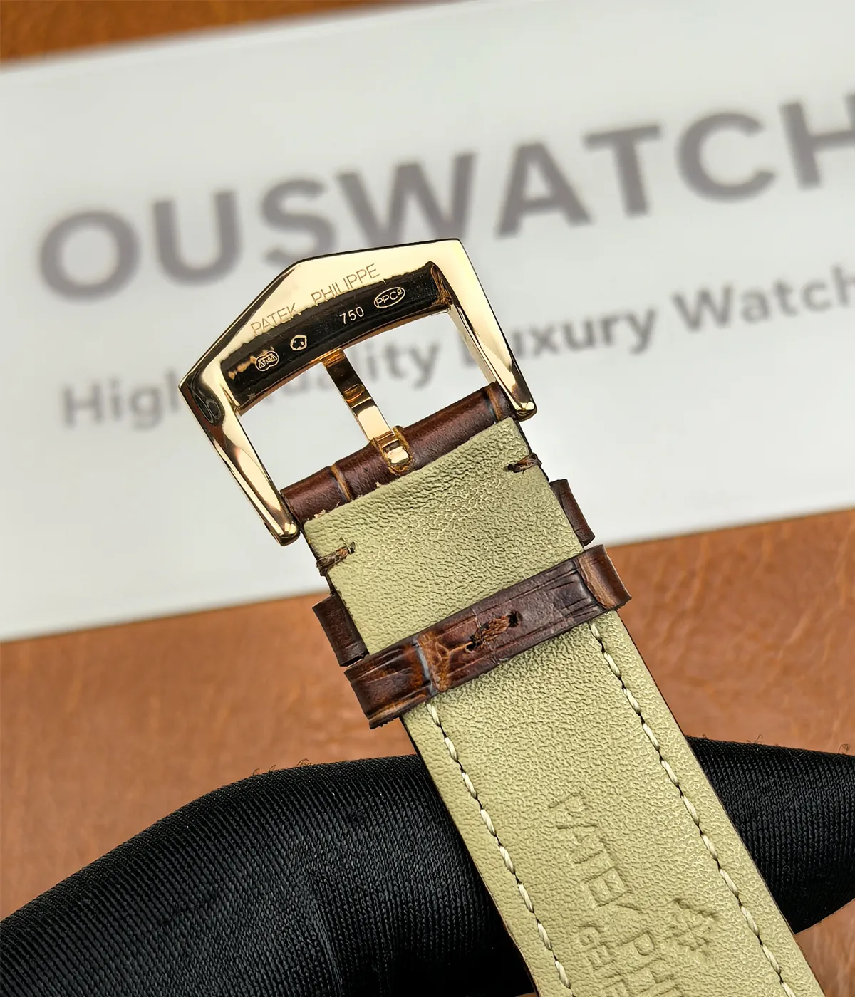 Back view of the buckle of the Patek Philippe 5227R-001 Calatrava Rose Gold, highlighting the detailed craftsmanship.