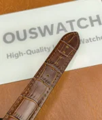 Front view of the strap on the Patek Philippe 5227R-001 Calatrava Rose Gold, showcasing its luxury leather finish and design.