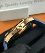 Close-up of the crown of the Patek Philippe 5261R-001 Aquanaut Rose Gold, emphasizing its functional design and polished finish.