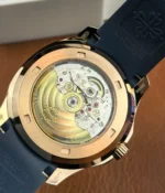 Detailed view of the mechanical movement inside the Patek Philippe 5261R-001 Aquanaut Rose Gold, showcasing the high-quality Swiss craftsmanship.