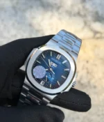 A 45-degree angle view of the Patek Philippe 5726/1A-014 Stainless Steel Blue Case 40mm, offering a unique perspective of the watch's design.