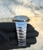 Close-up of the bracelet on the Patek Philippe 5726/1A-014 Stainless Steel Blue Case 40mm, showcasing the sleek and polished links.