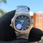 Front view of the Patek Philippe 5726/1A-014 Stainless Steel Blue Case 40mm Men's Replica Watch, featuring a refined blue dial and a polished stainless steel case.