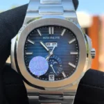 Front view of the Patek Philippe 5726/1A-014 Stainless Steel Blue Case 40mm Men's Replica Watch, featuring a refined blue dial and a polished stainless steel case.