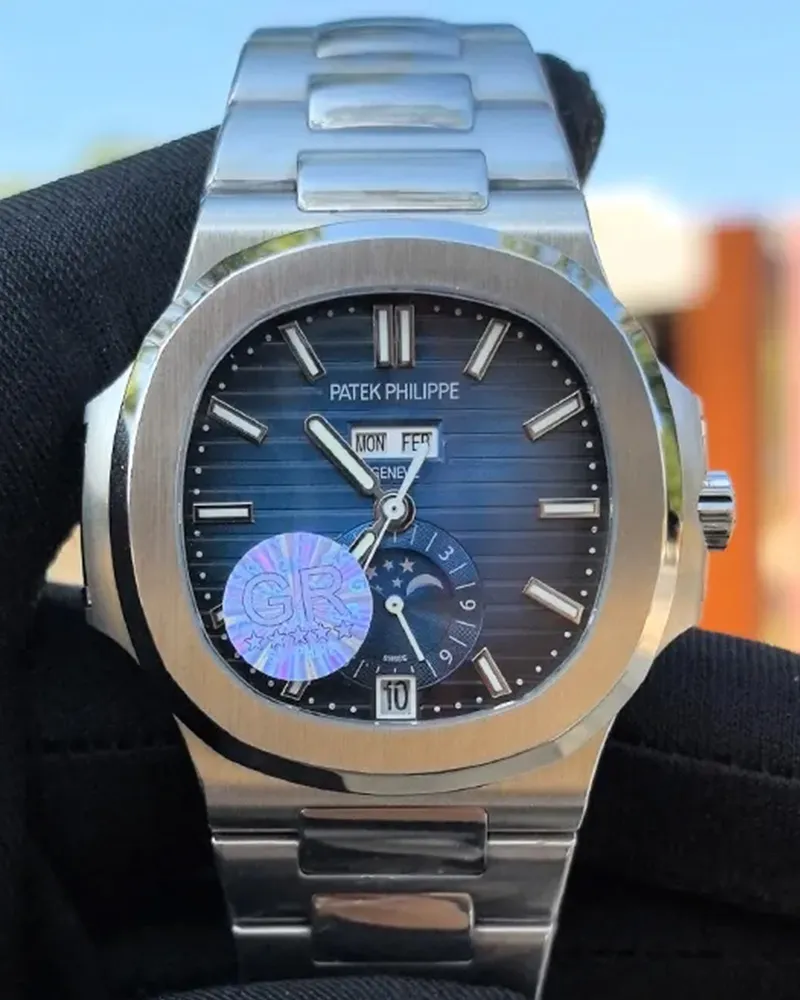 Front view of the Patek Philippe 5726/1A-014 Stainless Steel Blue Case 40mm Men's Replica Watch, featuring a refined blue dial and a polished stainless steel case.