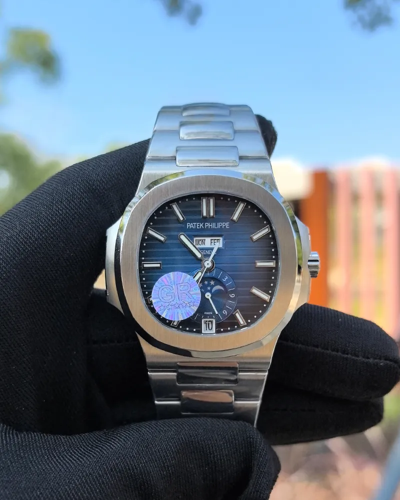Front view of the Patek Philippe 5726/1A-014 Stainless Steel Blue Case 40mm Men's Replica Watch, featuring a refined blue dial and a polished stainless steel case.