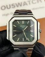 Front view of the Patek Philippe 5821/1A-001 men's watch with a green dial and steel strap.