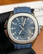 Front view of the Patek Philippe Aquanaut Travel Time 5164G-001 with a blue dial and