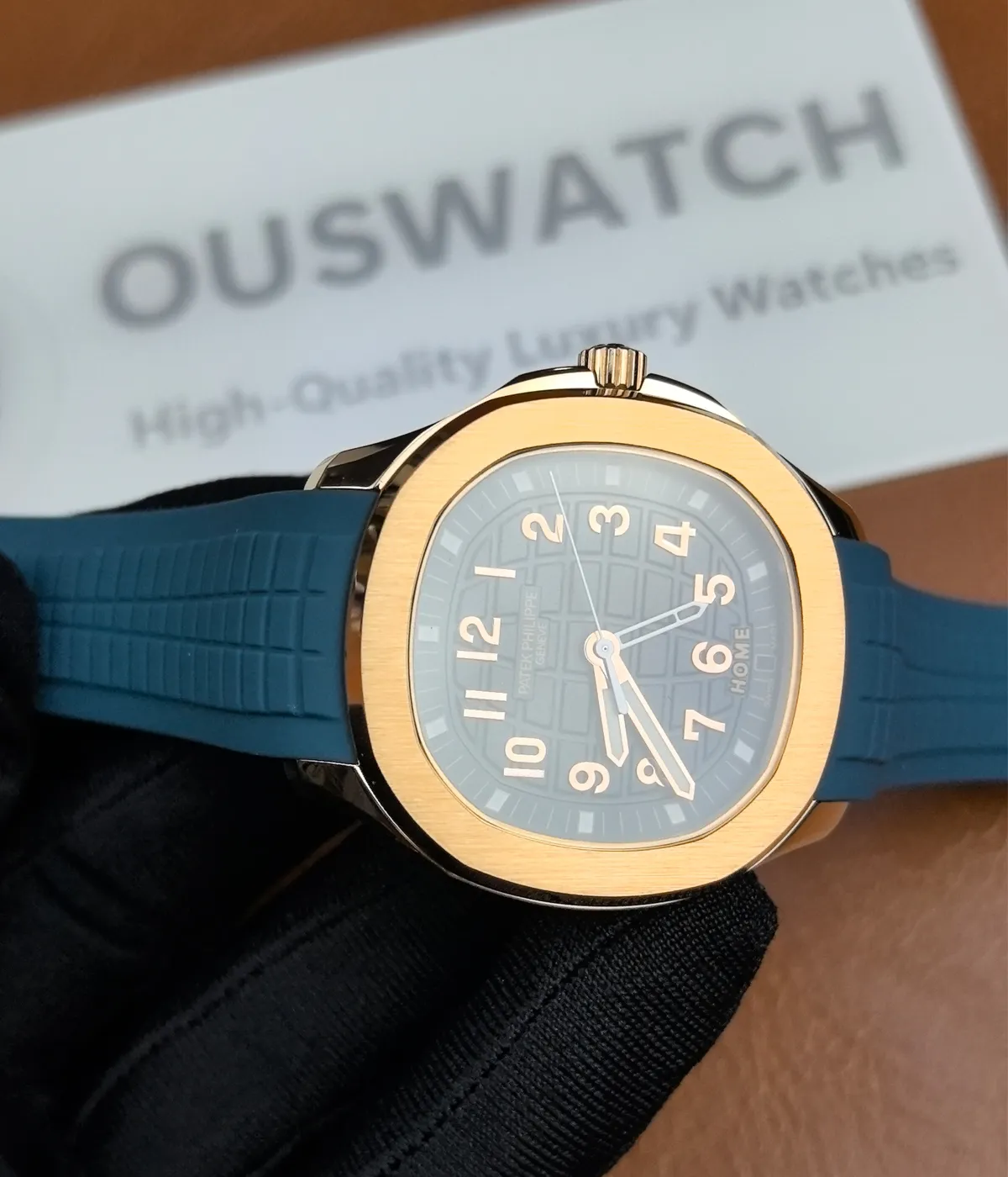 A 180-degree angle view of the Patek Philippe Blue and Rose Gold Aquanaut 5269R-001, offering a complete look at the watch's stunning design.