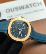 Close-up of the dial and case of the Patek Philippe Blue and Rose Gold Aquanaut 5269R-001, emphasizing the beautiful blue dial and the rose gold case.