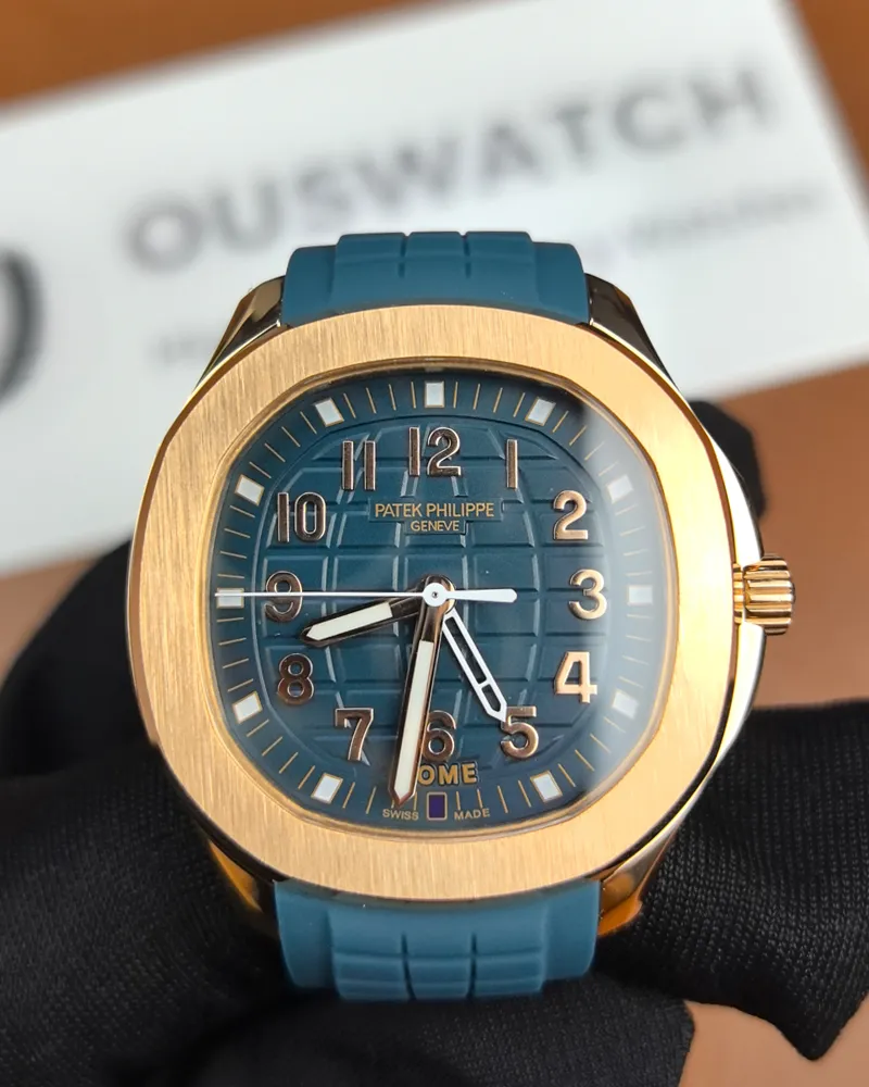 Front view of the Patek Philippe Blue and Rose Gold Aquanaut 5269R-001 Replica Watch, featuring the refined blue dial and rose gold case.