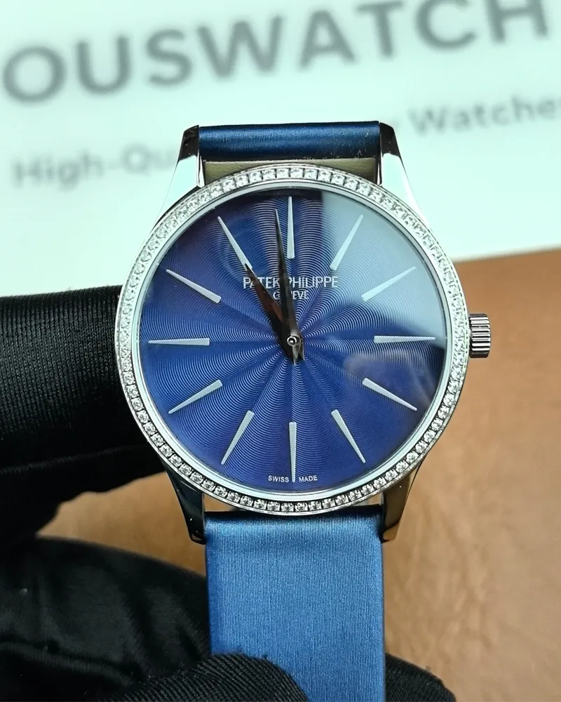 Front view of the Patek Philippe Calatrava 4897G-001 33mm women's watch with a blue dial.