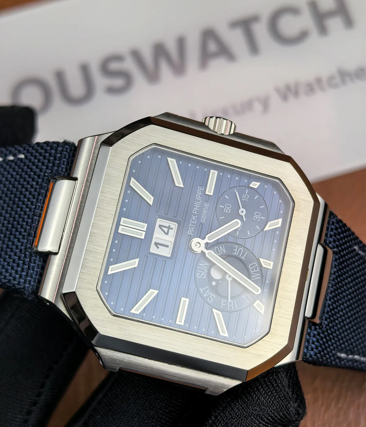 180-degree angle view of the Patek Philippe Cubitus Watch 5822P-001 Blue Dial.