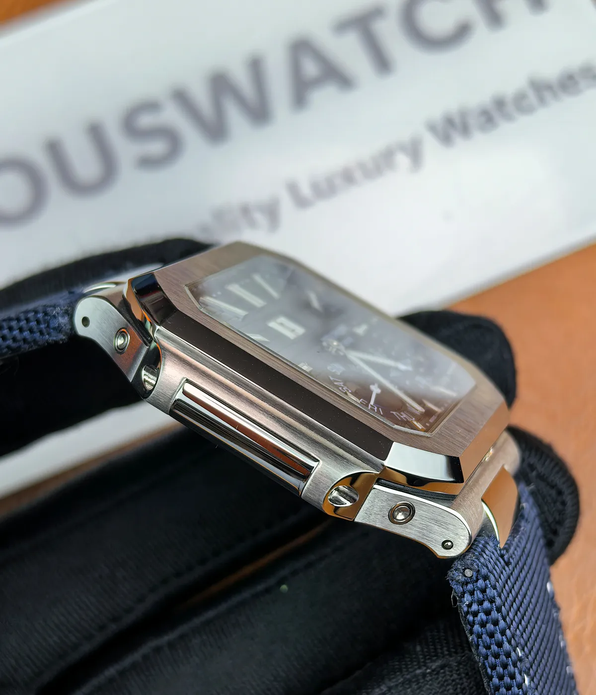 Side view of the Patek Philippe Cubitus Watch 5822P-001, showcasing its satin finish.