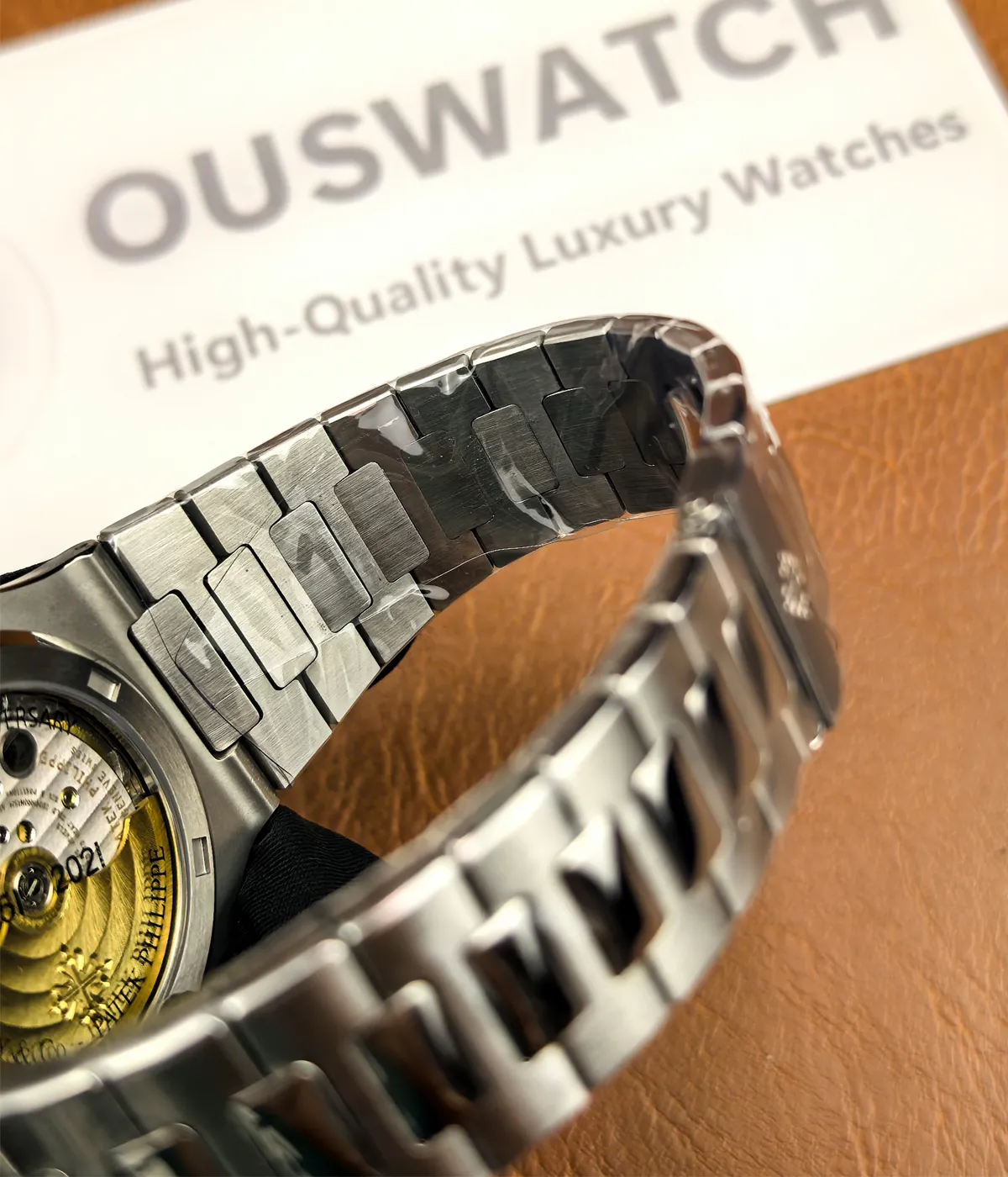 Detailed close-up of the bracelet of the Patek Philippe Nautilus Tiffany & Co Patek 5711, showcasing the high-quality craftsmanship and link structure.