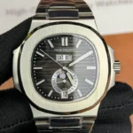 Front view of the Patek Philippe Nautilus 5726A-001 Moonphase Black Dial Men's Replica Watch, featuring the sophisticated black dial with moonphase complication and a polished stainless steel case.