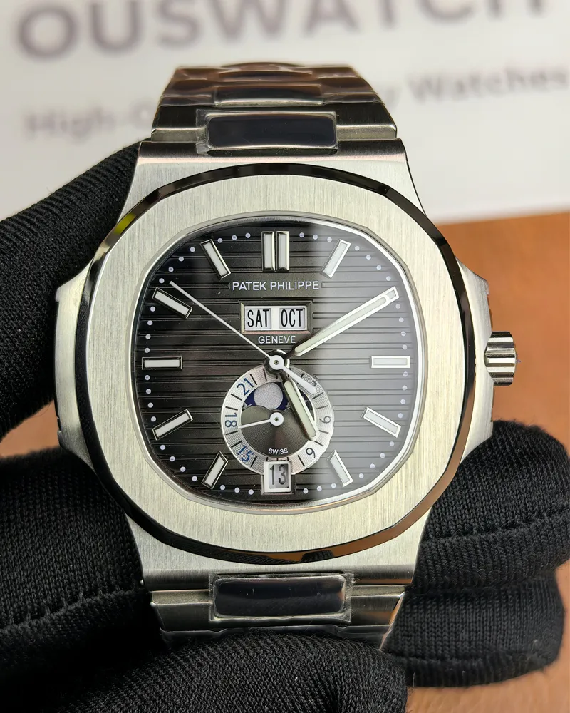 Front view of the Patek Philippe Nautilus 5726A-001 Moonphase Black Dial Men's Replica Watch, featuring the sophisticated black dial with moonphase complication and a polished stainless steel case.