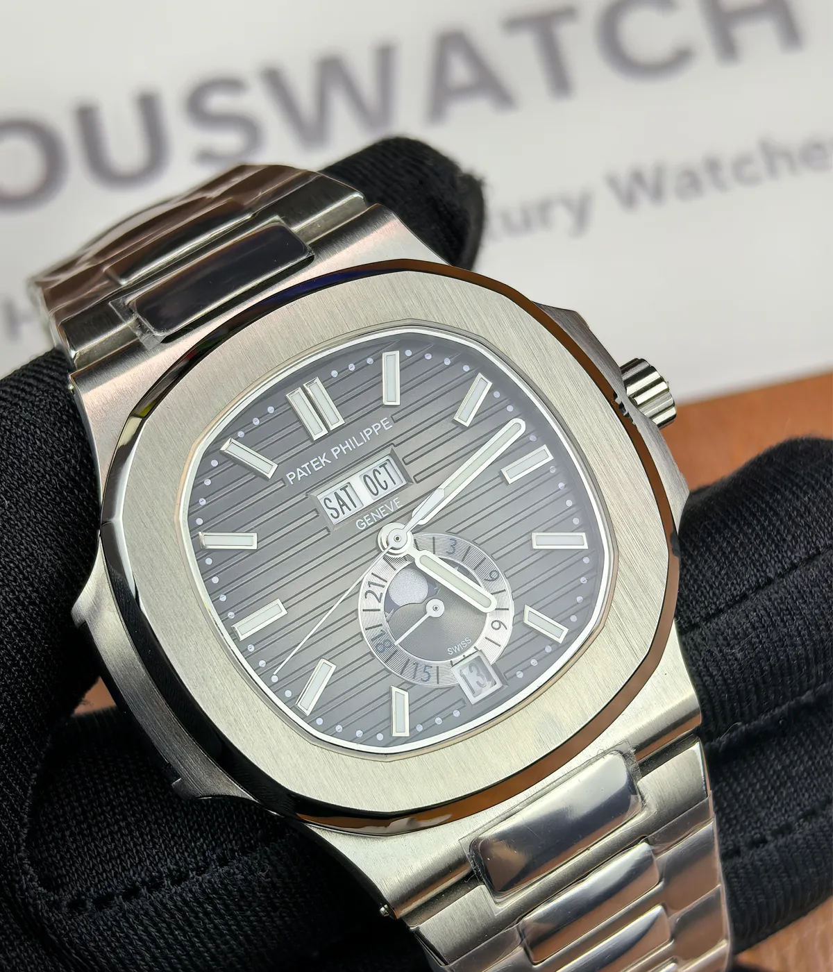 Wrist shot of the Patek Philippe Nautilus 5726A-001 Moonphase Black Dial, showing how the watch looks when worn and its elegant, timeless design.