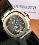 -45-degree angle display of the Patek Philippe Nautilus 5726a-001 Moonphase Black Dial Men's belt watch.