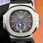 Front view of the Patek Philippe Nautilus 5726a-001 Moonphase Black Dial Men's belt replica watch.