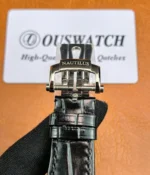 Close-up of the clasp of the Patek Philippe Nautilus 5726a-001 Moonphase watch.