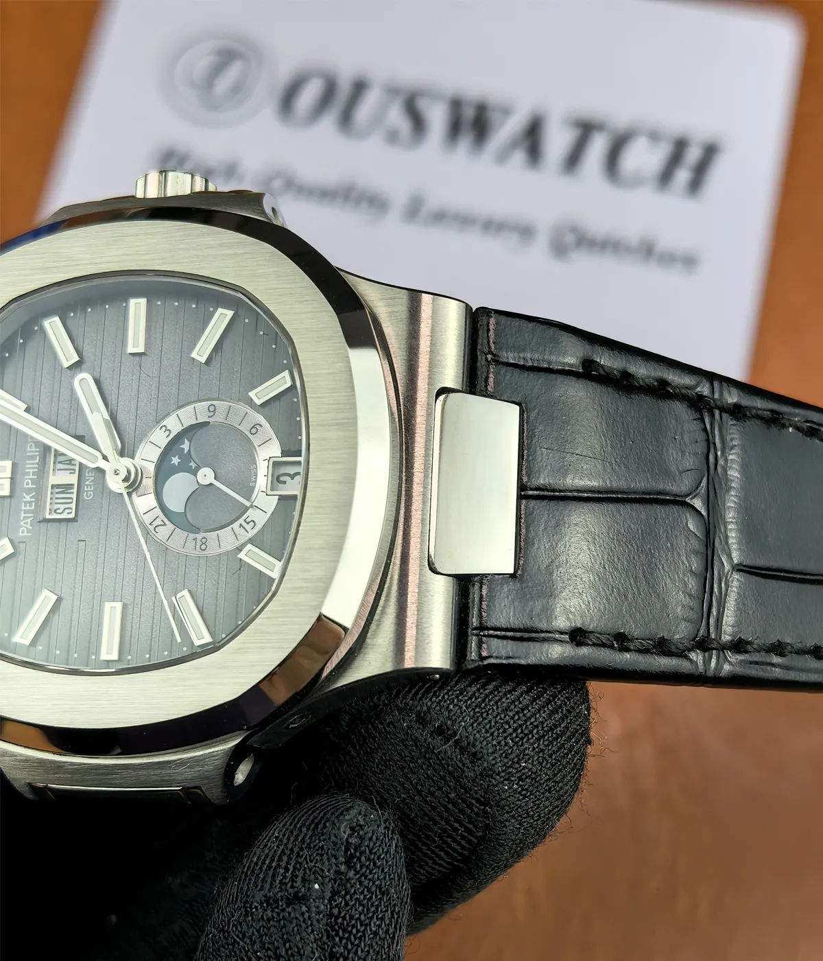 Close-up of the lugs of the Patek Philippe Nautilus 5726a-001 Moonphase watch.