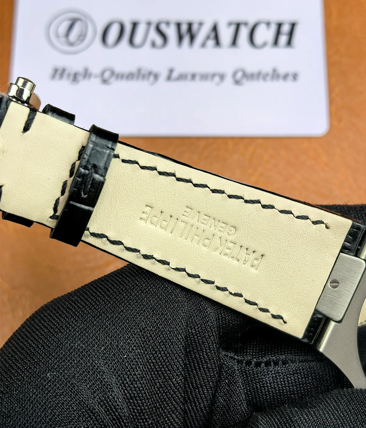 Detailed close-up of the strap of the Patek Philippe Nautilus 5726a-001 Moonphase watch.