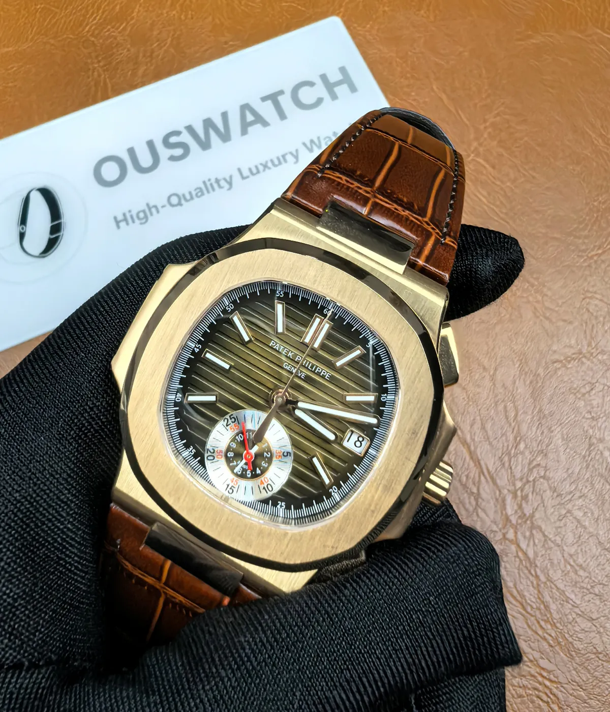 45-degree angle view of the Patek Philippe Nautilus 5980R-001 in rose gold with a brown dial.