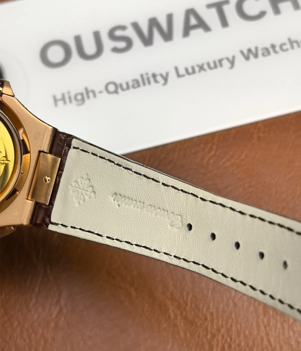 View of the back of the leather strap on the Patek Philippe Nautilus 5980R-001 in rose gold.