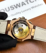 Close-up view of the movement inside the Patek Philippe Nautilus 5980R-001 in rose gold.