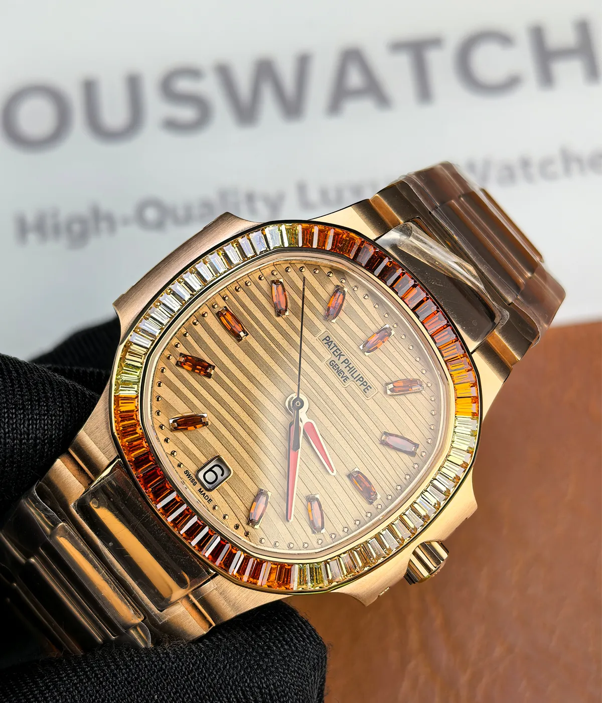 45-degree angle view of the Patek Philippe Nautilus 7118-1300R-001 women’s watch in rose gold with ruby details.