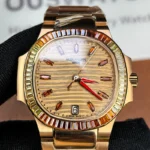 Front view of the Patek Philippe Nautilus 7118-1300R-001 women’s watch in rose gold with ruby accents.