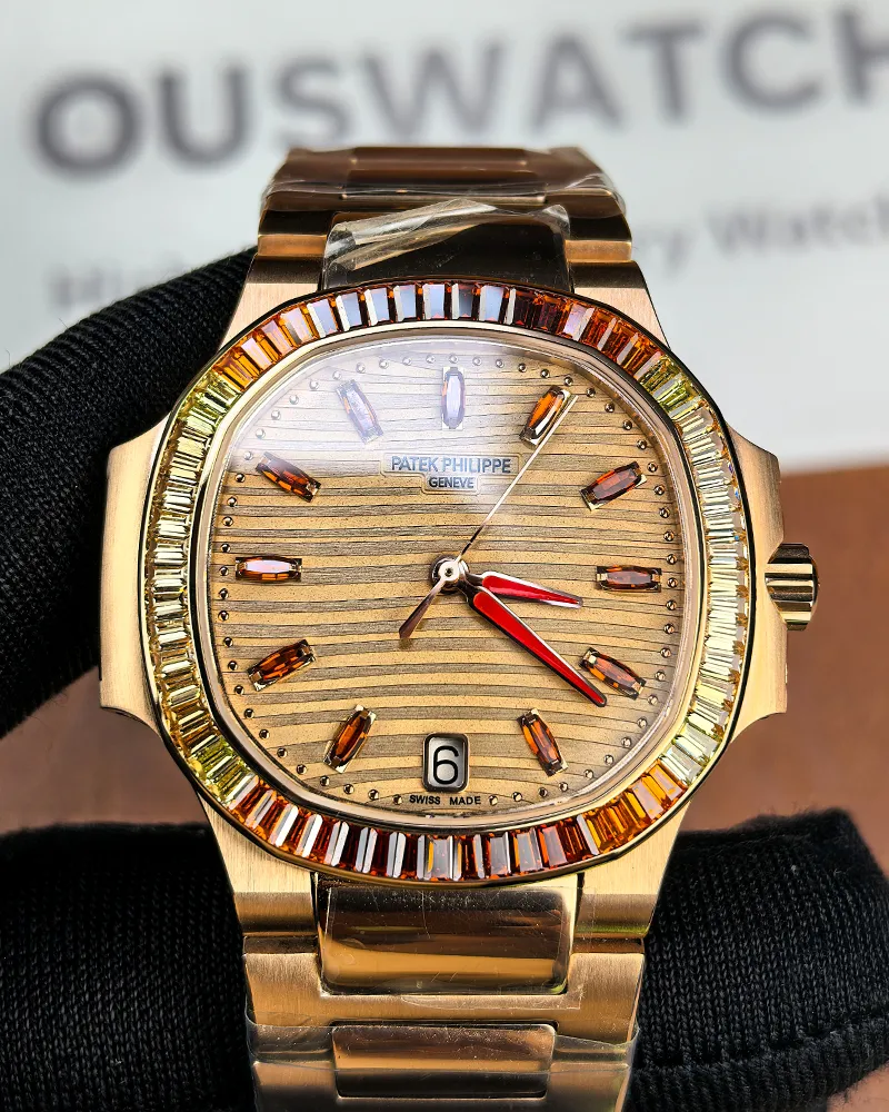Front view of the Patek Philippe Nautilus 7118-1300R-001 women’s watch in rose gold with ruby accents.