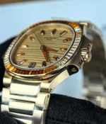 View of the lugs and bracelet on the Patek Philippe Nautilus 7118-1300R-001 rose gold women’s watch.