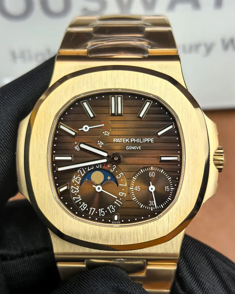 Front view of the Patek Philippe Nautilus Moonphase 5712-1R Rose Gold Men's Replica Watch, featuring the luxurious rose gold case and moonphase dial.