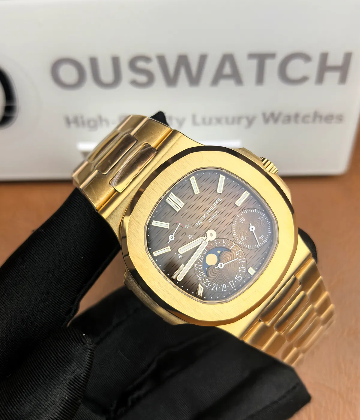 Wrist shot of the Patek Philippe Nautilus Moonphase 5712-1R Rose Gold, showing the watch’s elegance and how it fits on the wrist.