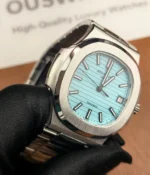 A 35-degree angle view of the Patek Philippe Nautilus Tiffany & Co Patek 5711 Blue Dial, offering a dynamic look at the watch’s design and dial.